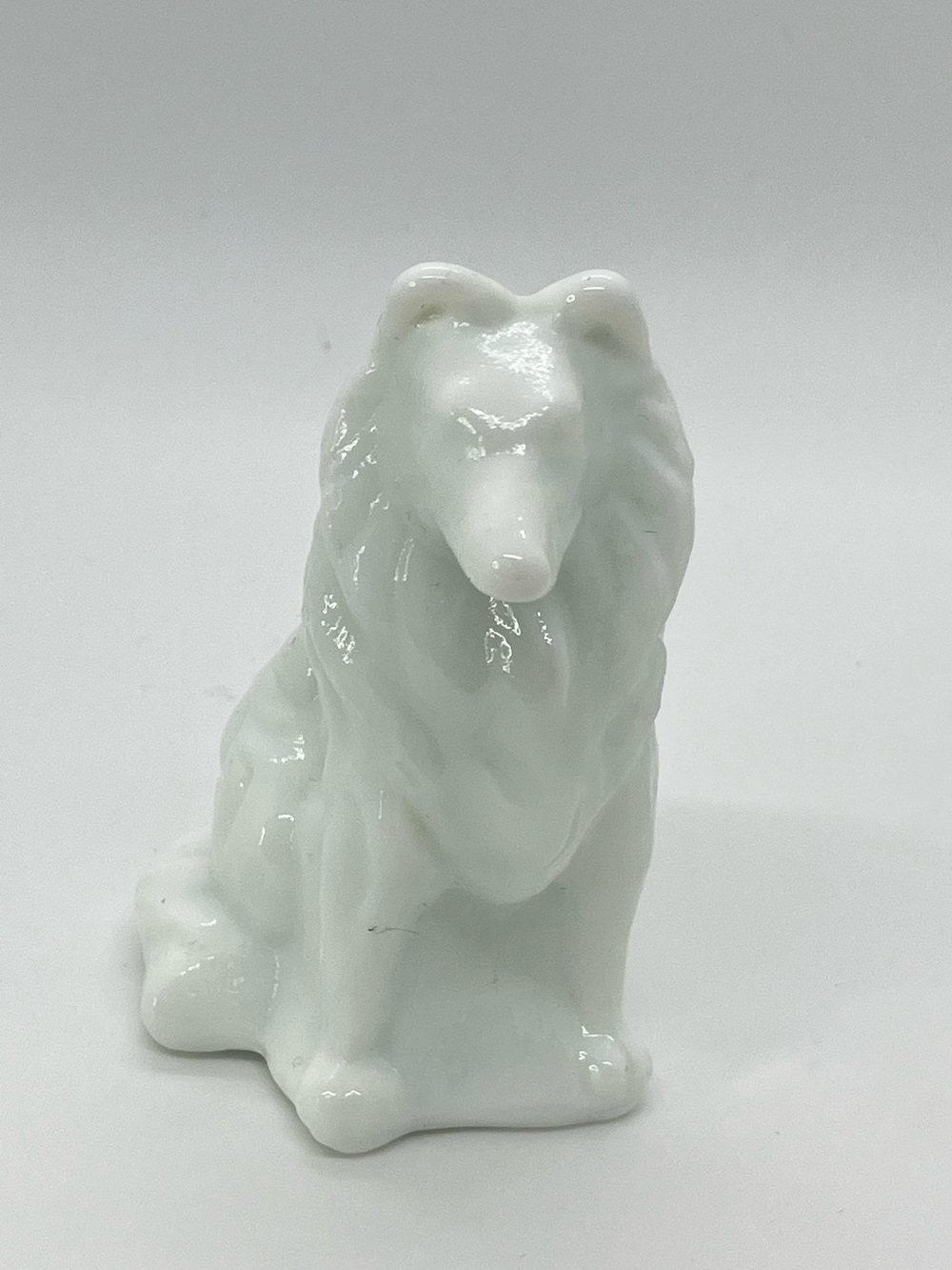 Vtg Mosser Glass Collie Dog White Milk Glass Figurine Green Tint